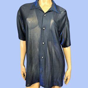 Vintage 90s Black Blue Shimmery Metallic Shirt Size L Roxbury Disco Club Rave